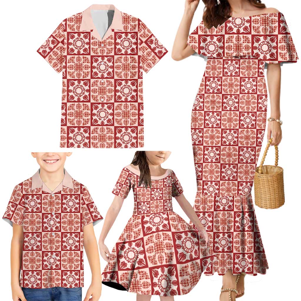 Ulaula Palaka Quilt Hawaii Family Matching Mermaid Dress and Hawaiian Shirt Hawaiian Tropical Monstera Sea Turtle LT14 - Polynesian Pride