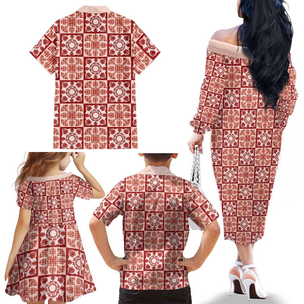 Ulaula Palaka Quilt Hawaii Family Matching Off The Shoulder Long Sleeve Dress and Hawaiian Shirt Hawaiian Tropical Monstera Sea Turtle LT14 - Polynesian Pride