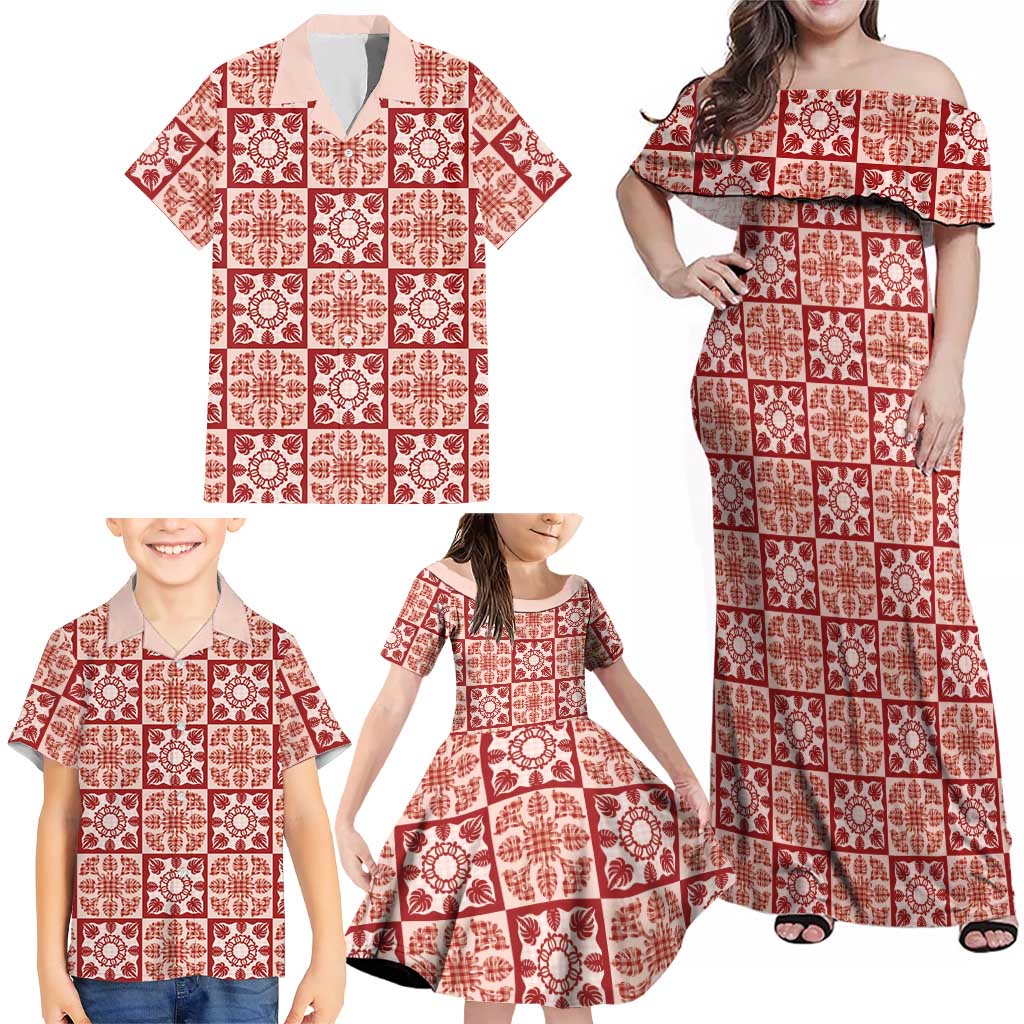 Ulaula Palaka Quilt Hawaii Family Matching Off Shoulder Maxi Dress and Hawaiian Shirt Hawaiian Tropical Monstera Sea Turtle LT14 - Polynesian Pride