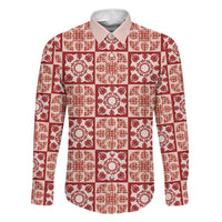 Ulaula Palaka Quilt Hawaii Family Matching Off Shoulder Maxi Dress and Hawaiian Shirt Hawaiian Tropical Monstera Sea Turtle LT14 Dad's Shirt - Long Sleeve Red - Polynesian Pride