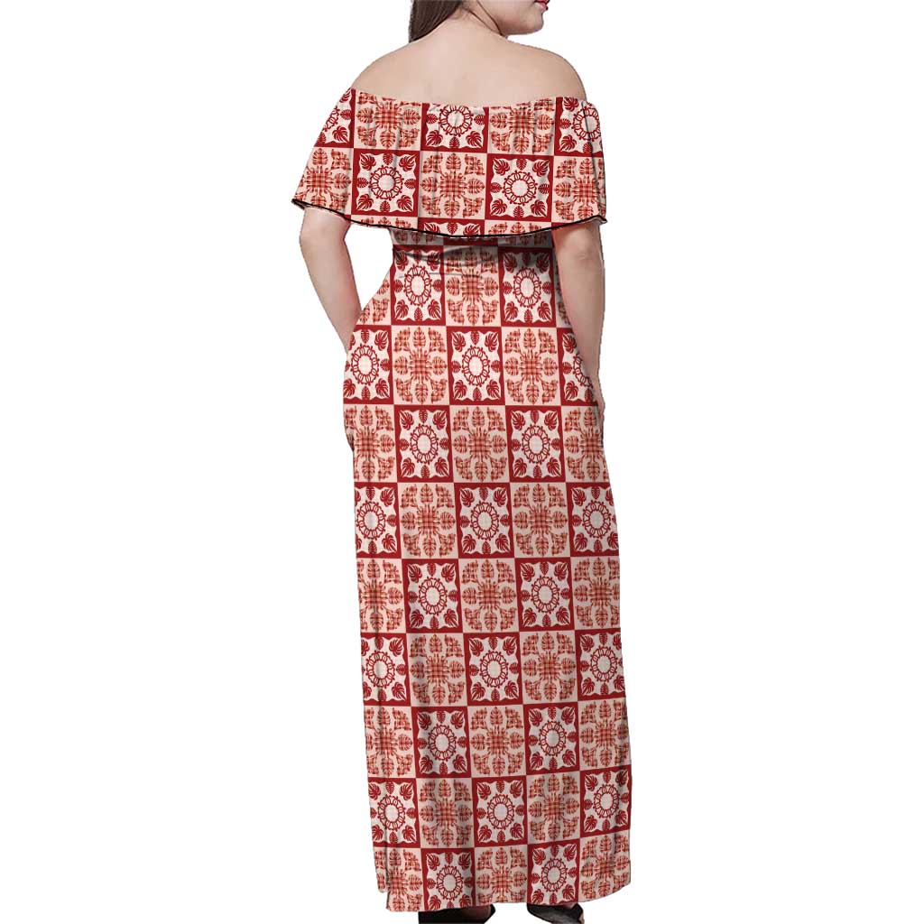 Ulaula Palaka Quilt Hawaii Family Matching Off Shoulder Maxi Dress and Hawaiian Shirt Hawaiian Tropical Monstera Sea Turtle LT14 - Polynesian Pride