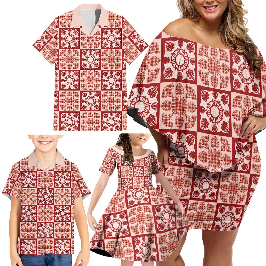 Ulaula Palaka Quilt Hawaii Family Matching Off Shoulder Short Dress and Hawaiian Shirt Hawaiian Tropical Monstera Sea Turtle LT14 - Polynesian Pride