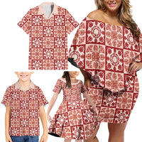 Ulaula Palaka Quilt Hawaii Family Matching Off Shoulder Short Dress and Hawaiian Shirt Hawaiian Tropical Monstera Sea Turtle LT14 - Polynesian Pride