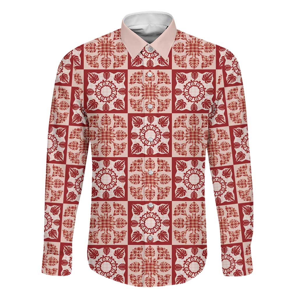 Ulaula Palaka Quilt Hawaii Family Matching Off Shoulder Short Dress and Hawaiian Shirt Hawaiian Tropical Monstera Sea Turtle LT14 Dad's Shirt - Long Sleeve Red - Polynesian Pride