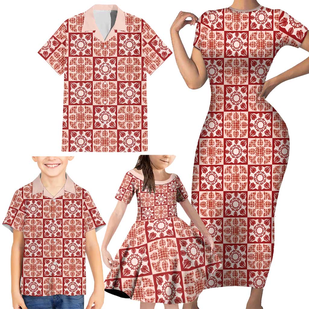 Ulaula Palaka Quilt Hawaii Family Matching Short Sleeve Bodycon Dress and Hawaiian Shirt Hawaiian Tropical Monstera Sea Turtle LT14 - Polynesian Pride