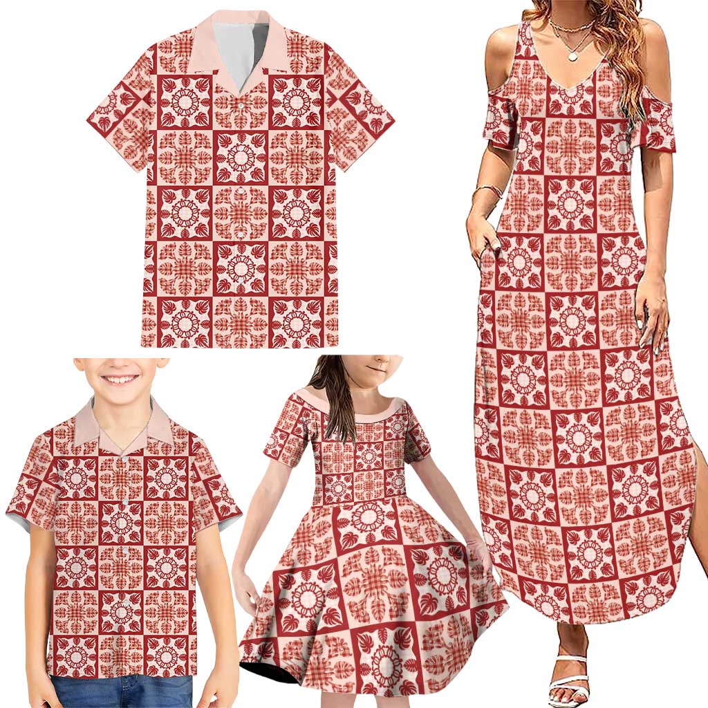 Ulaula Palaka Quilt Hawaii Family Matching Summer Maxi Dress and Hawaiian Shirt Hawaiian Tropical Monstera Sea Turtle LT14 - Polynesian Pride