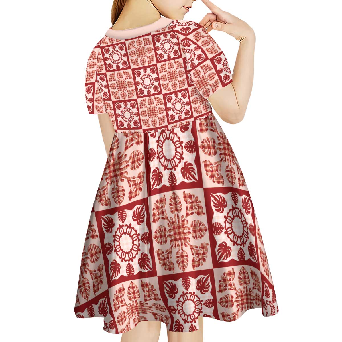 Ulaula Palaka Quilt Hawaii Kid Short Sleeve Dress Hawaiian Tropical Monstera Sea Turtle