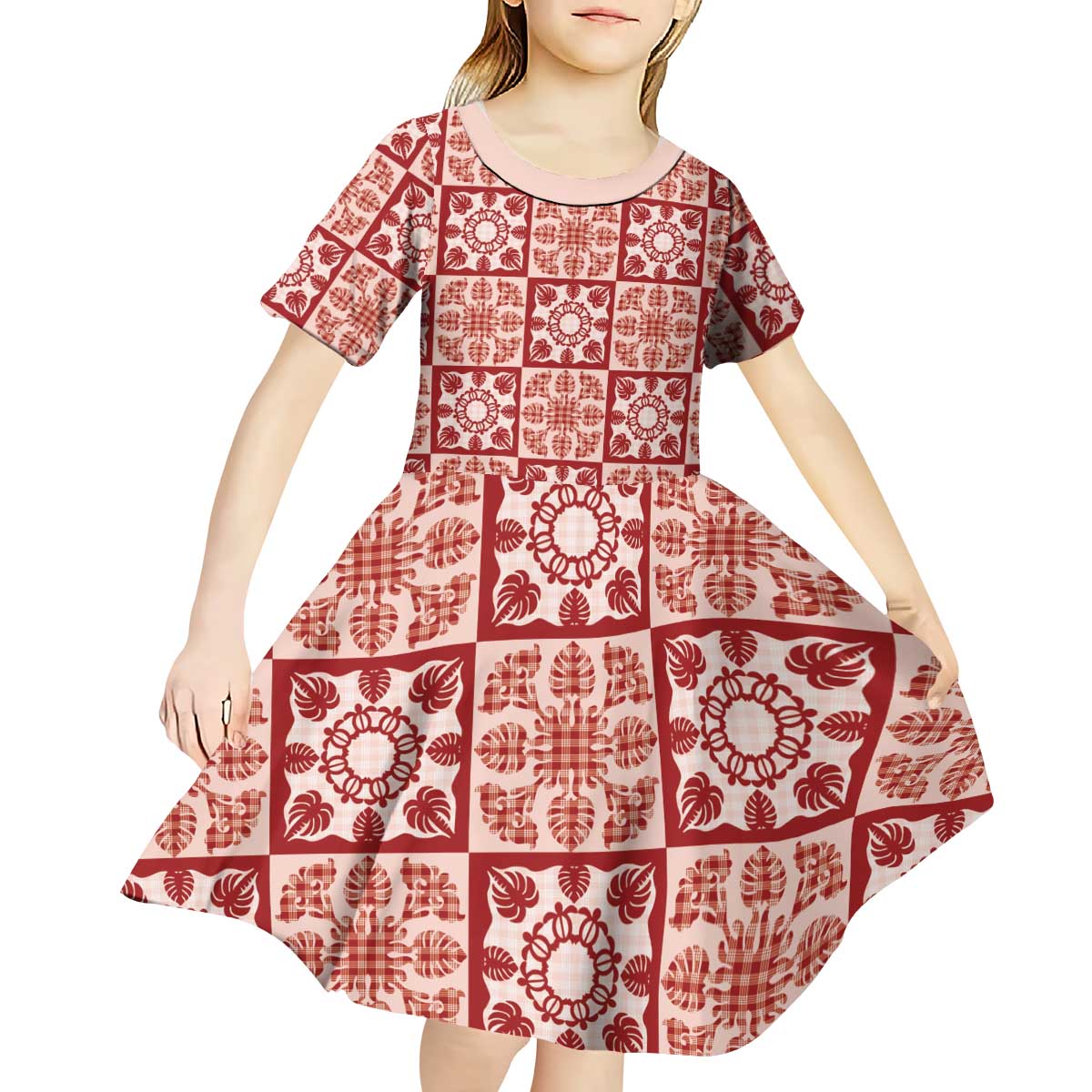 Ulaula Palaka Quilt Hawaii Kid Short Sleeve Dress Hawaiian Tropical Monstera Sea Turtle