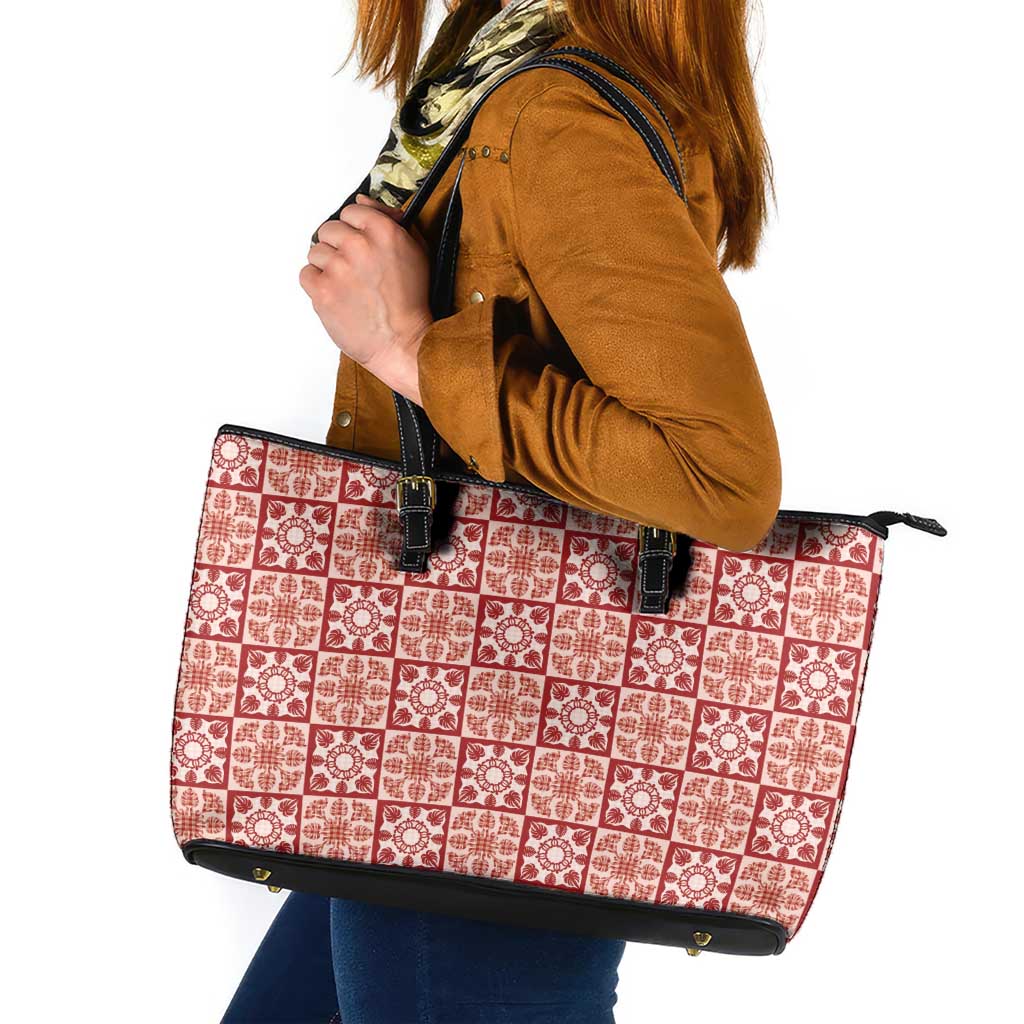 Ulaula Palaka Quilt Hawaii Leather Tote Bag Hawaiian Tropical Monstera Sea Turtle LT14 Red - Polynesian Pride