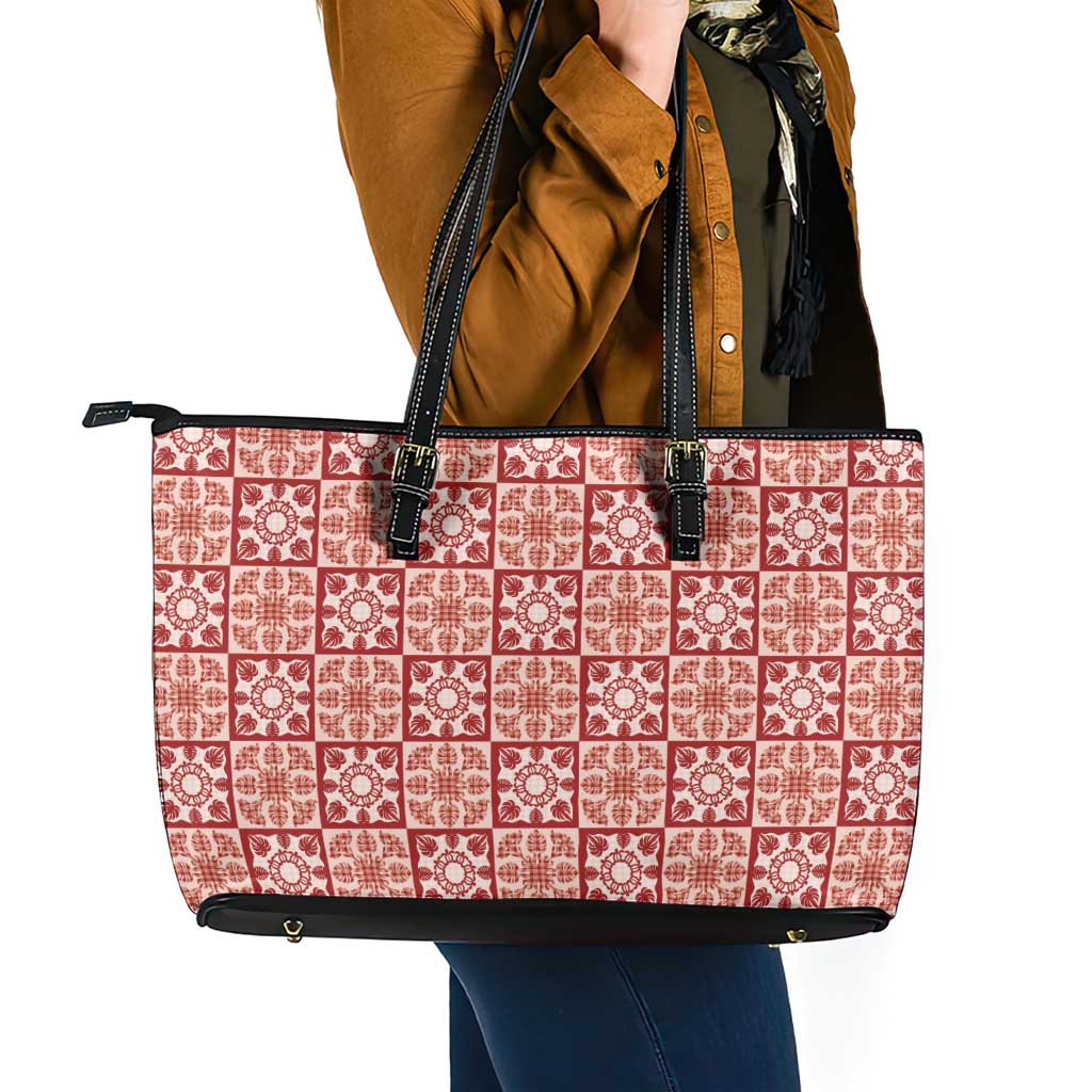 Ulaula Palaka Quilt Hawaii Leather Tote Bag Hawaiian Tropical Monstera Sea Turtle LT14 - Polynesian Pride