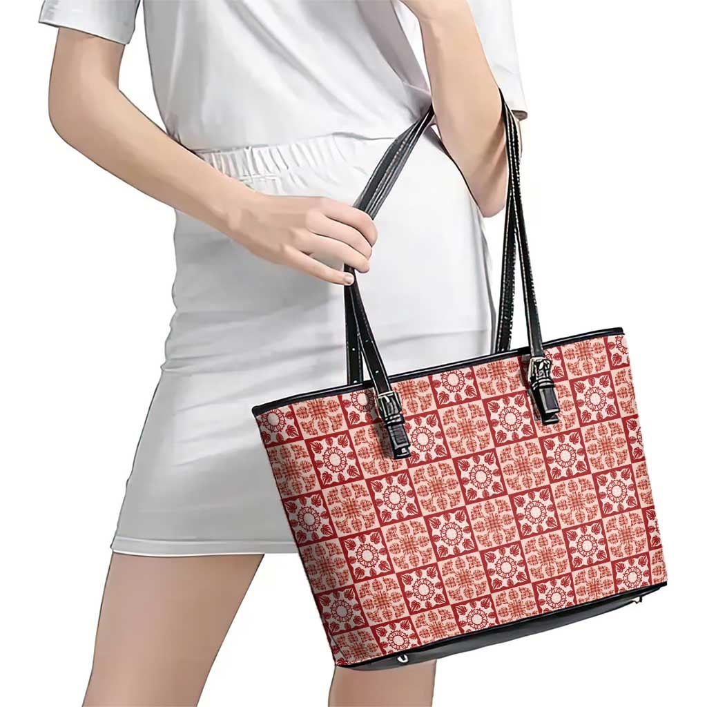Ulaula Palaka Quilt Hawaii Leather Tote Bag Hawaiian Tropical Monstera Sea Turtle LT14 - Polynesian Pride