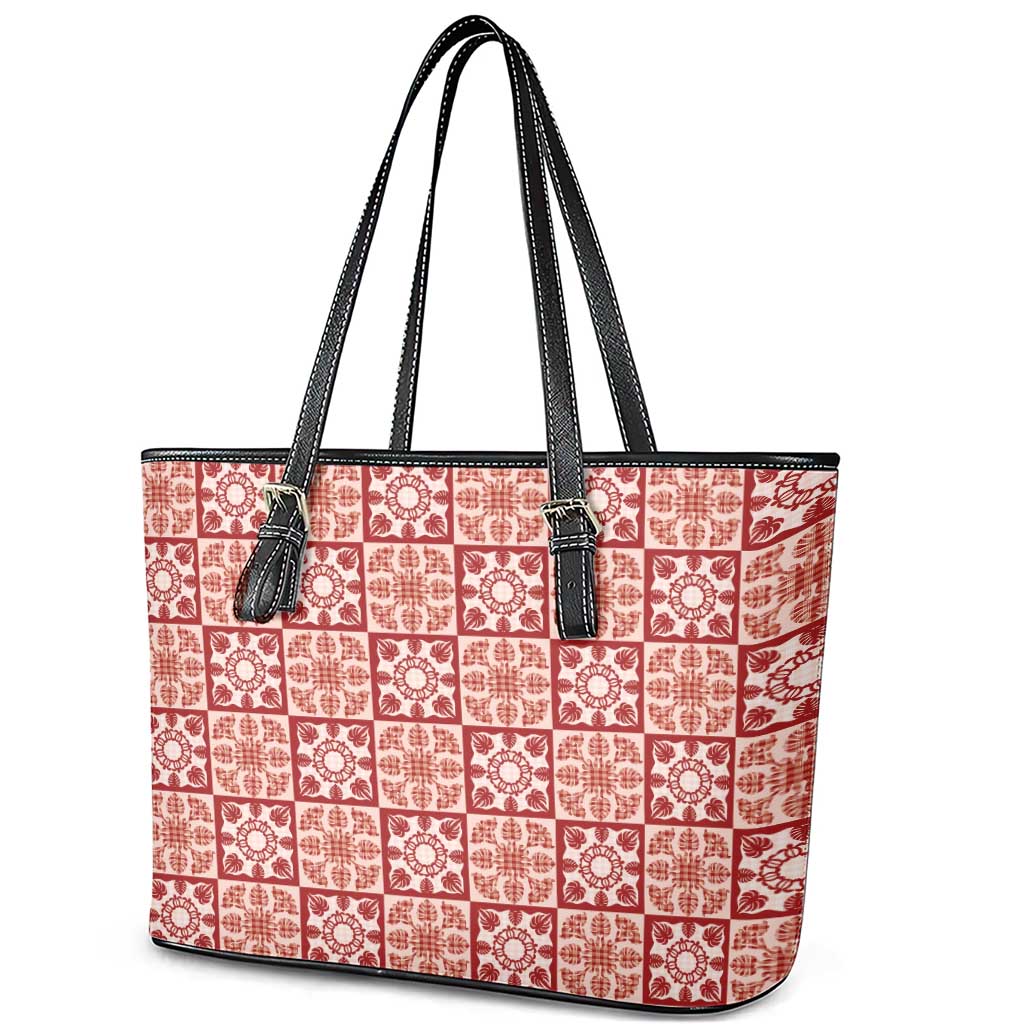 Ulaula Palaka Quilt Hawaii Leather Tote Bag Hawaiian Tropical Monstera Sea Turtle LT14 - Polynesian Pride