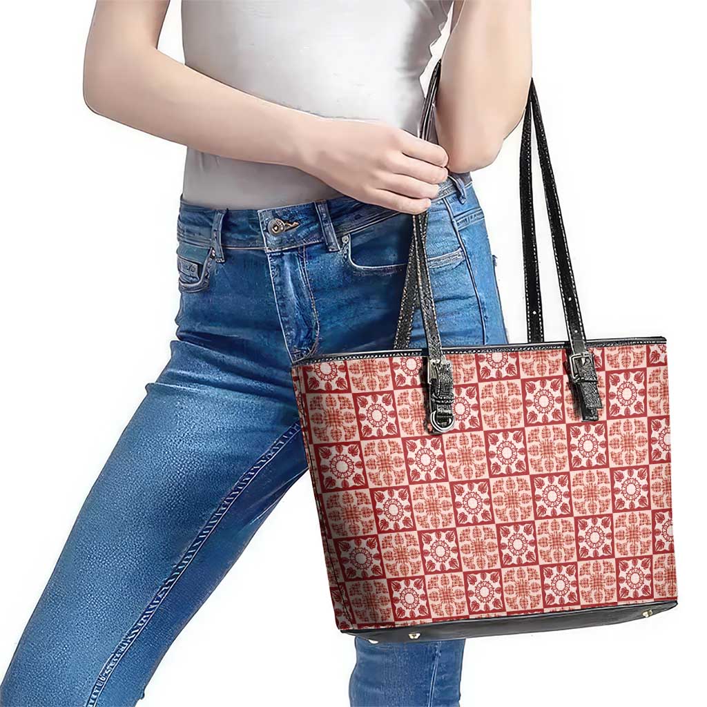 Ulaula Palaka Quilt Hawaii Leather Tote Bag Hawaiian Tropical Monstera Sea Turtle LT14 - Polynesian Pride
