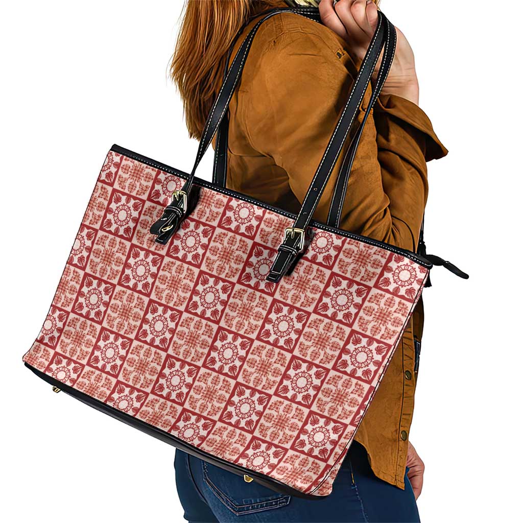 Ulaula Palaka Quilt Hawaii Leather Tote Bag Hawaiian Tropical Monstera Sea Turtle LT14 - Polynesian Pride