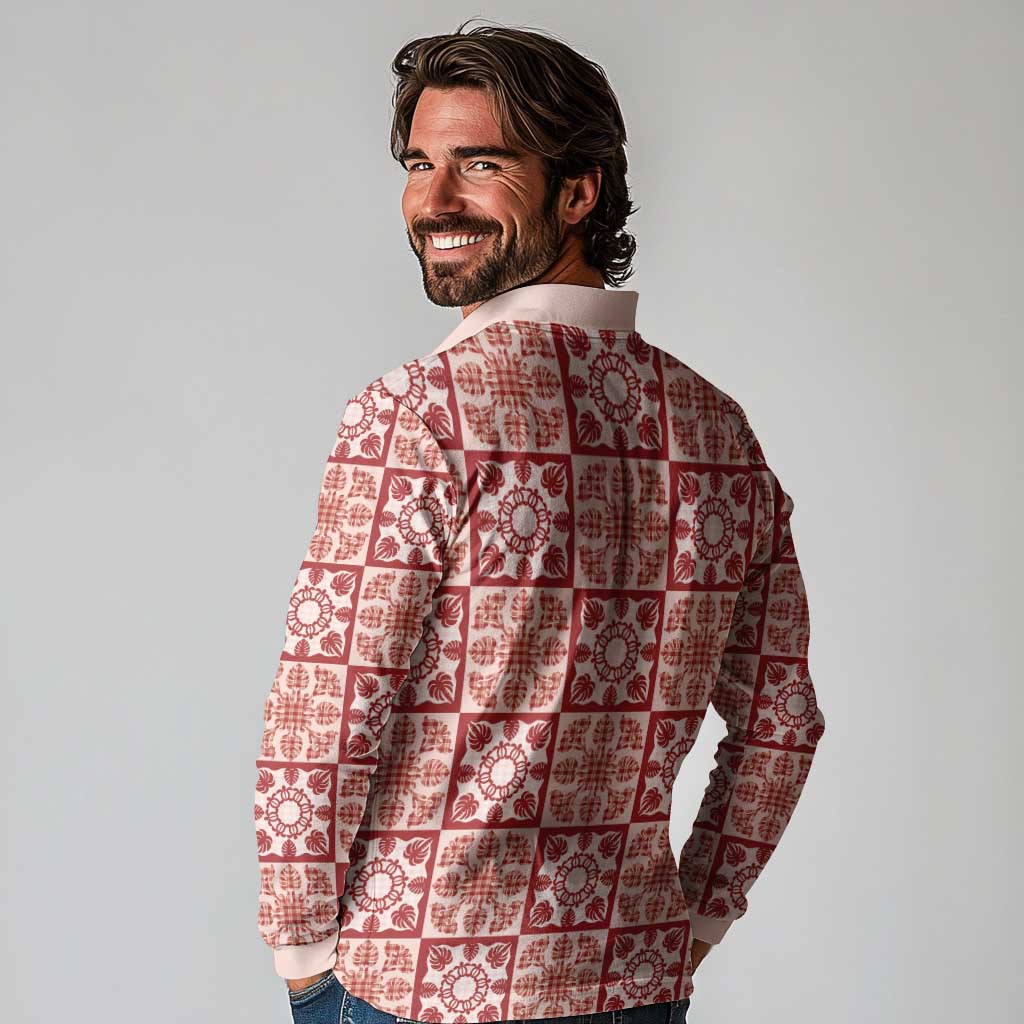 Ulaula Palaka Quilt Hawaii Long Sleeve Polo Shirt Hawaiian Tropical Monstera Sea Turtle LT14 - Polynesian Pride
