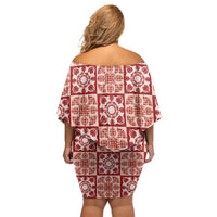 Ulaula Palaka Quilt Hawaii Off Shoulder Short Dress Hawaiian Tropical Monstera Sea Turtle
