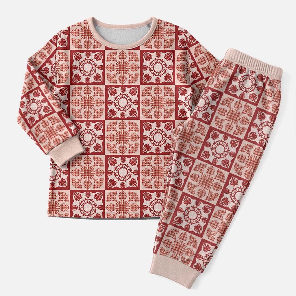 Ulaula Palaka Quilt Hawaii Christmas Pajama Set Hawaiian Tropical Monstera Sea Turtle LT14 Men Red - Polynesian Pride