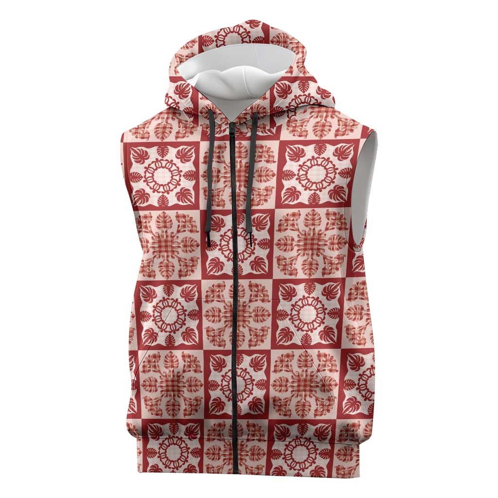 Ulaula Palaka Quilt Hawaii Sleeveless Zip Hoodie Hawaiian Tropical Monstera Sea Turtle