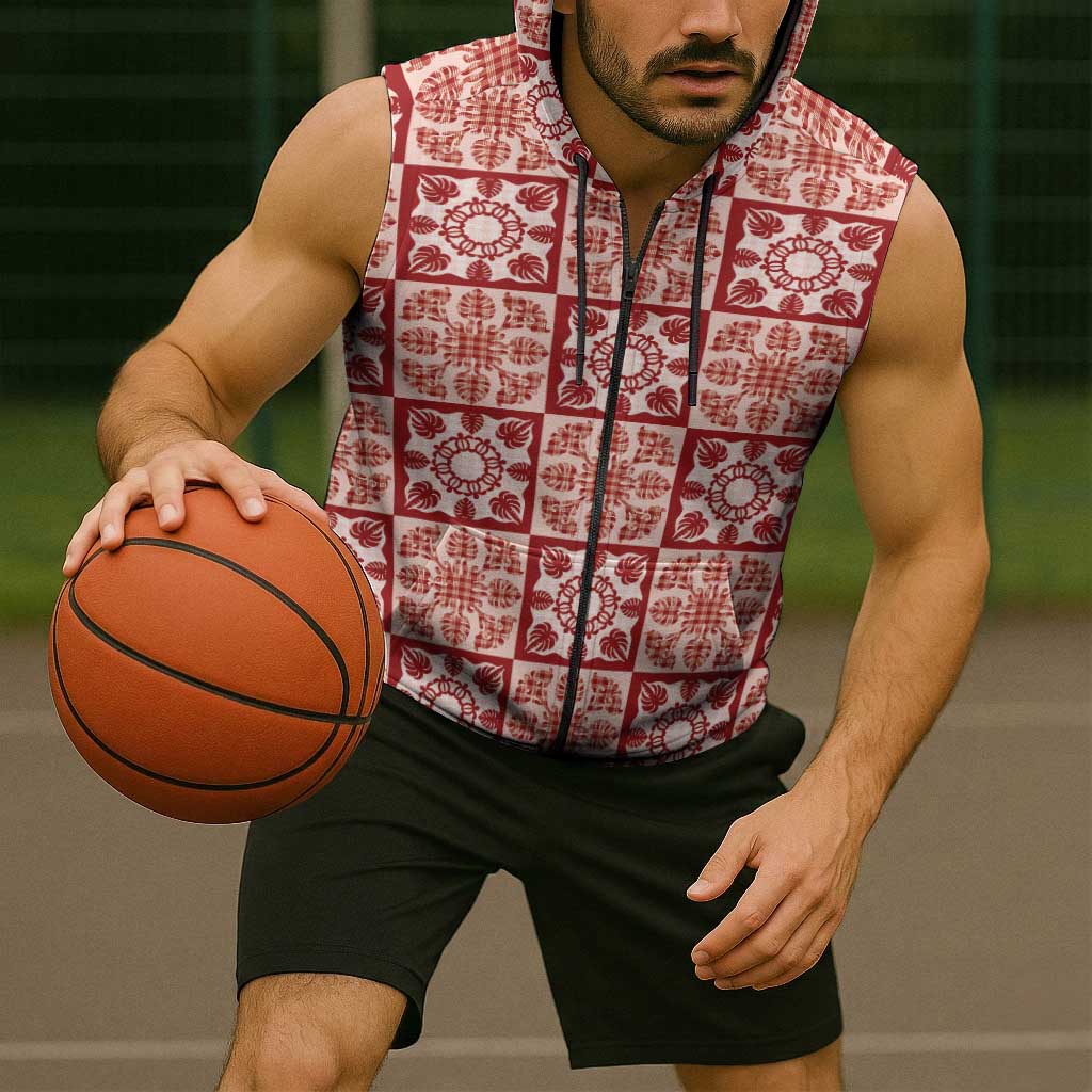 Ulaula Palaka Quilt Hawaii Sleeveless Zip Hoodie Hawaiian Tropical Monstera Sea Turtle LT14 - Polynesian Pride