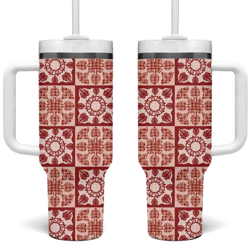 Ulaula Palaka Quilt Hawaii Tumbler With Handle Hawaiian Tropical Monstera Sea Turtle LT14 One Size: 40 oz Red - Polynesian Pride