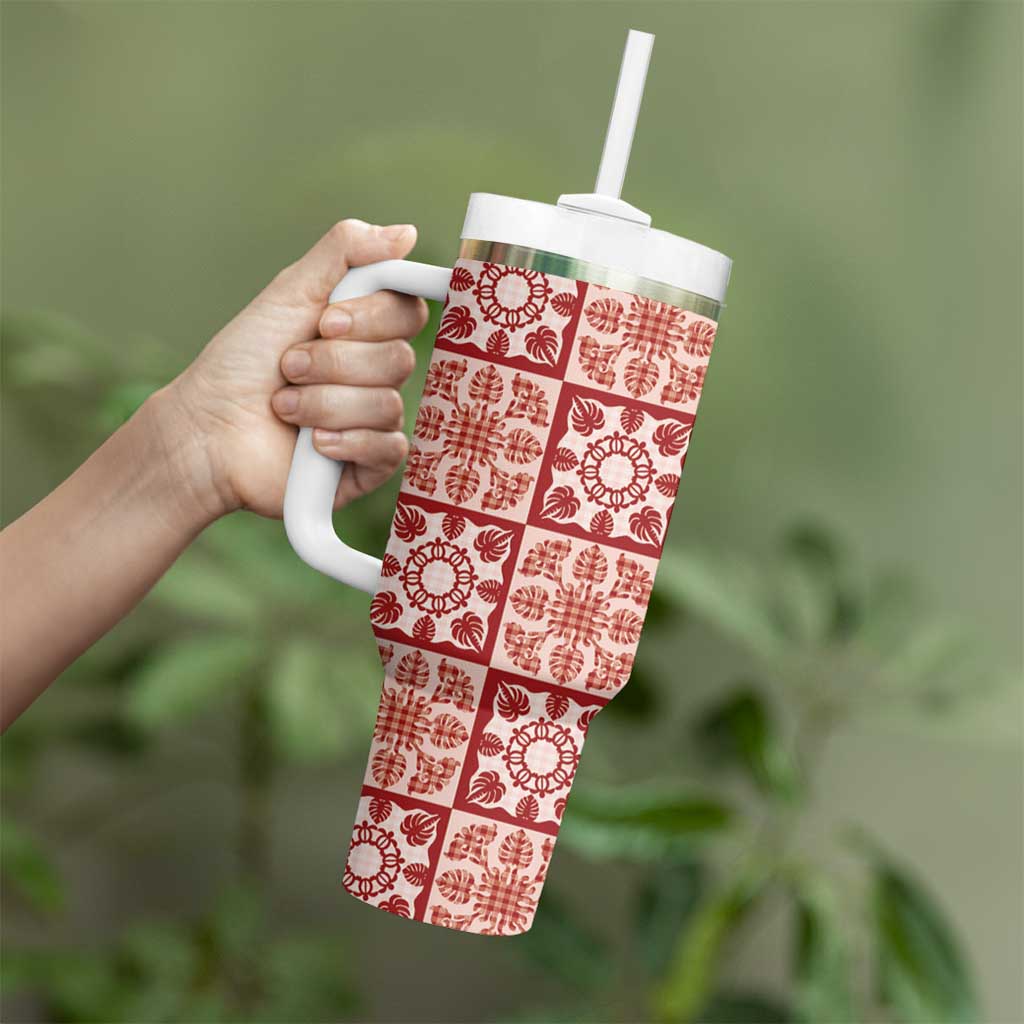 Ulaula Palaka Quilt Hawaii Tumbler With Handle Hawaiian Tropical Monstera Sea Turtle LT14 - Polynesian Pride