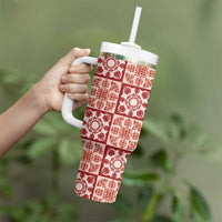 Ulaula Palaka Quilt Hawaii Tumbler With Handle Hawaiian Tropical Monstera Sea Turtle LT14 - Polynesian Pride