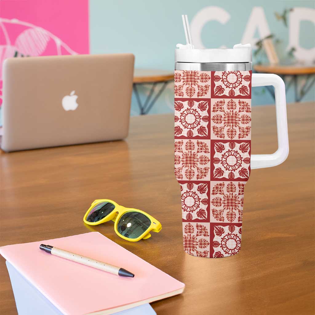 Ulaula Palaka Quilt Hawaii Tumbler With Handle Hawaiian Tropical Monstera Sea Turtle LT14 - Polynesian Pride