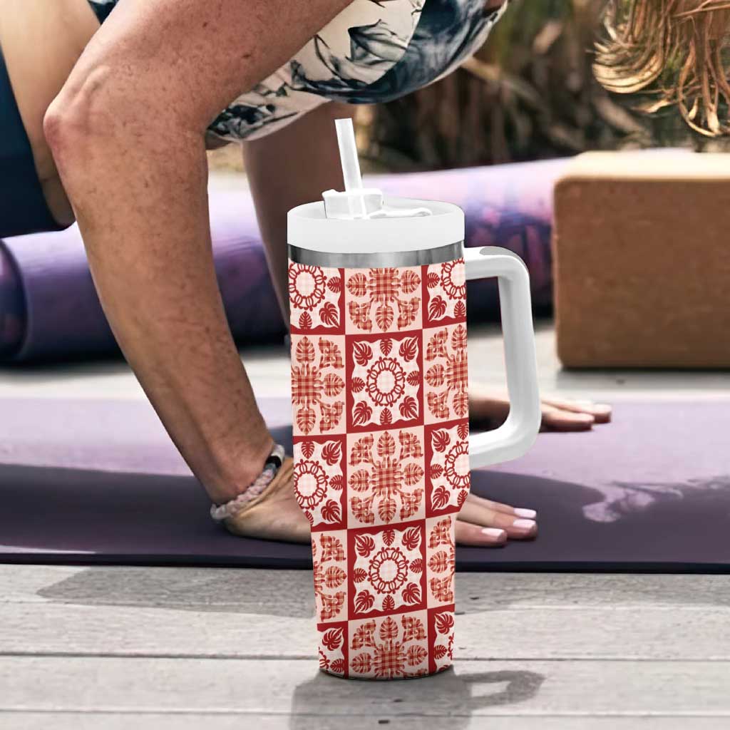 Ulaula Palaka Quilt Hawaii Tumbler With Handle Hawaiian Tropical Monstera Sea Turtle LT14 - Polynesian Pride