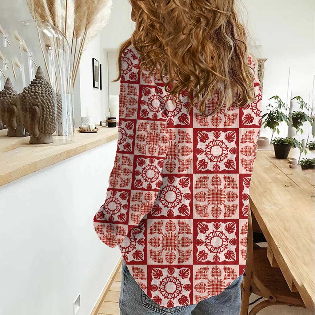Ulaula Palaka Quilt Hawaii Women Casual Shirt Hawaiian Tropical Monstera Sea Turtle LT14 - Polynesian Pride