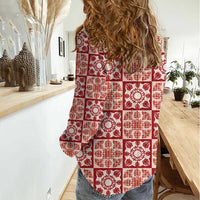 Ulaula Palaka Quilt Hawaii Women Casual Shirt Hawaiian Tropical Monstera Sea Turtle LT14 - Polynesian Pride