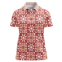 Ulaula Palaka Quilt Hawaii Women Polo Shirt Hawaiian Tropical Monstera Sea Turtle LT14 Female Red - Polynesian Pride