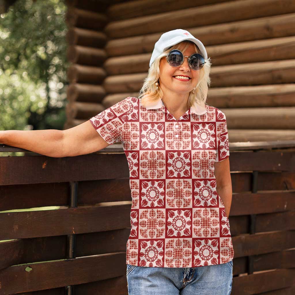 Ulaula Palaka Quilt Hawaii Women Polo Shirt Hawaiian Tropical Monstera Sea Turtle LT14 - Polynesian Pride