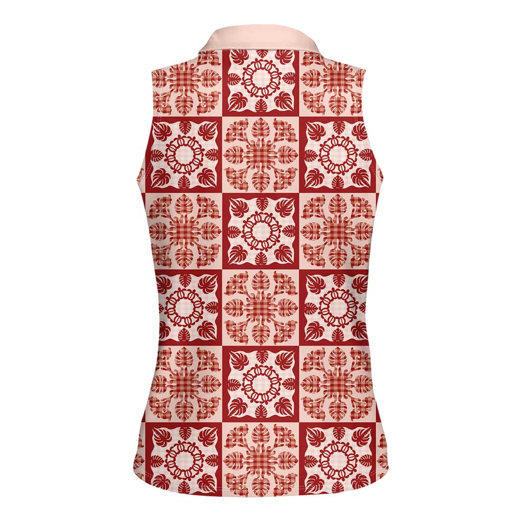 Ulaula Palaka Quilt Hawaii Women Sleeveless Polo Shirt Hawaiian Tropical Monstera Sea Turtle LT14 - Polynesian Pride