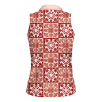 Ulaula Palaka Quilt Hawaii Women Sleeveless Polo Shirt Hawaiian Tropical Monstera Sea Turtle LT14 - Polynesian Pride