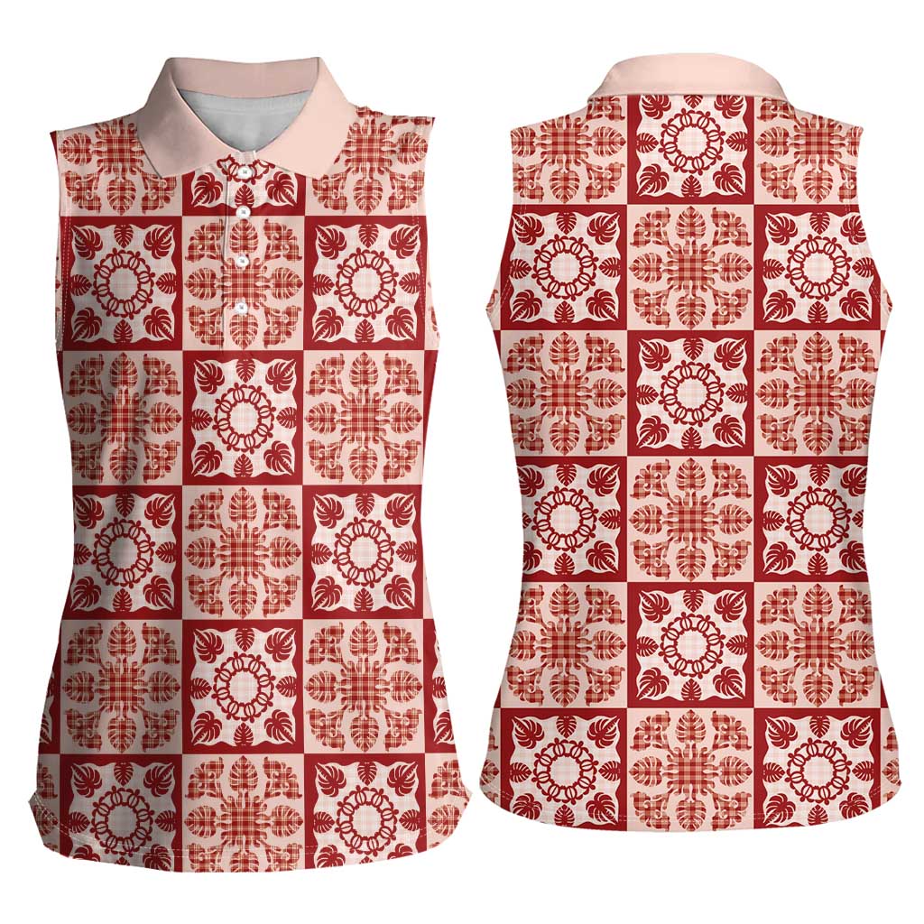Ulaula Palaka Quilt Hawaii Women Sleeveless Polo Shirt Hawaiian Tropical Monstera Sea Turtle LT14 - Polynesian Pride
