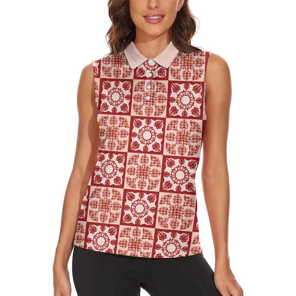 Ulaula Palaka Quilt Hawaii Women Sleeveless Polo Shirt Hawaiian Tropical Monstera Sea Turtle LT14 - Polynesian Pride