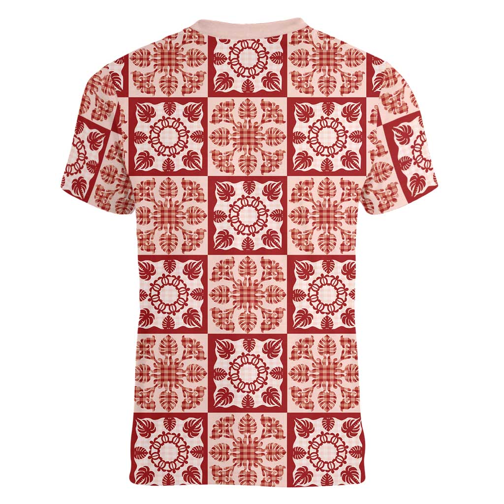 Ulaula Palaka Quilt Hawaii Women V-Neck T-Shirt Hawaiian Tropical Monstera Sea Turtle LT14 - Polynesian Pride