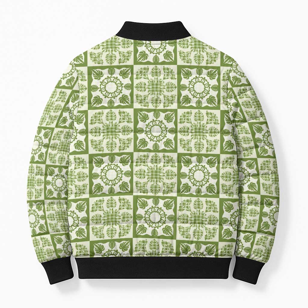 Omaomao Palaka Quilt Hawaii Bomber Puffer Jacket Hawaiian Tropical Monstera Sea Turtle