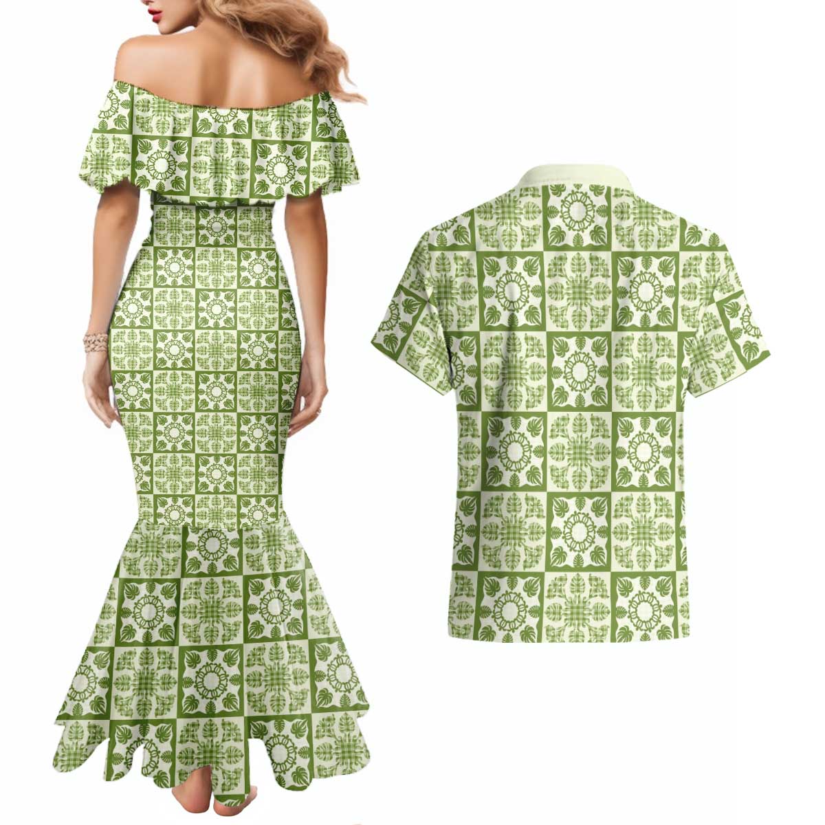 Omaomao Palaka Quilt Hawaii Couples Matching Mermaid Dress and Hawaiian Shirt Hawaiian Tropical Monstera Sea Turtle LT14 - Polynesian Pride