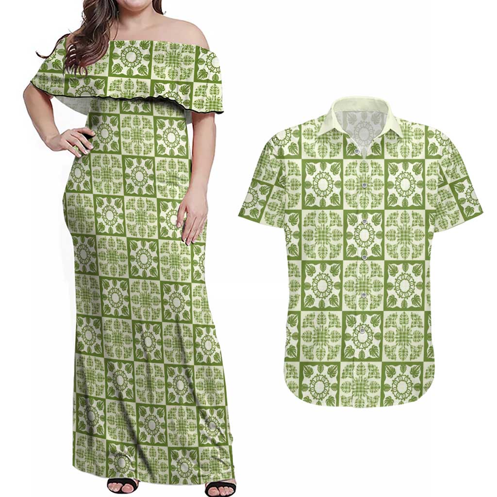 Omaomao Palaka Quilt Hawaii Couples Matching Off Shoulder Maxi Dress and Hawaiian Shirt Hawaiian Tropical Monstera Sea Turtle LT14 Green - Polynesian Pride