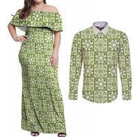 Omaomao Palaka Quilt Hawaii Couples Matching Off Shoulder Maxi Dress and Long Sleeve Button Shirt Hawaiian Tropical Monstera Sea Turtle LT14 Green - Polynesian Pride