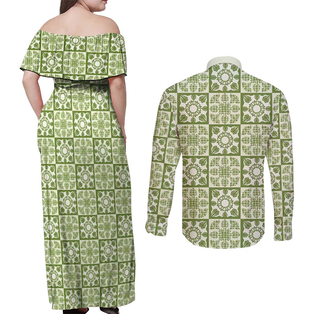 Omaomao Palaka Quilt Hawaii Couples Matching Off Shoulder Maxi Dress and Long Sleeve Button Shirt Hawaiian Tropical Monstera Sea Turtle LT14 - Polynesian Pride