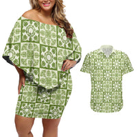 Omaomao Palaka Quilt Hawaii Couples Matching Off Shoulder Short Dress and Hawaiian Shirt Hawaiian Tropical Monstera Sea Turtle LT14 Green - Polynesian Pride