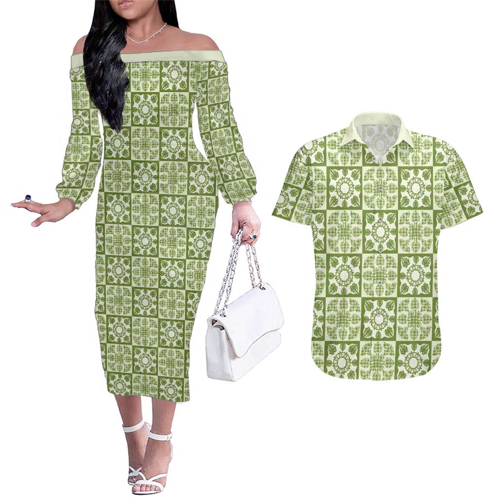 Omaomao Palaka Quilt Hawaii Couples Matching Off The Shoulder Long Sleeve Dress and Hawaiian Shirt Hawaiian Tropical Monstera Sea Turtle LT14 Green - Polynesian Pride