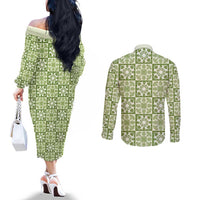 Omaomao Palaka Quilt Hawaii Couples Matching Off The Shoulder Long Sleeve Dress and Long Sleeve Button Shirt Hawaiian Tropical Monstera Sea Turtle LT14 - Polynesian Pride