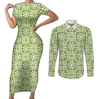 Omaomao Palaka Quilt Hawaii Couples Matching Short Sleeve Bodycon Dress and Long Sleeve Button Shirt Hawaiian Tropical Monstera Sea Turtle LT14 Green - Polynesian Pride