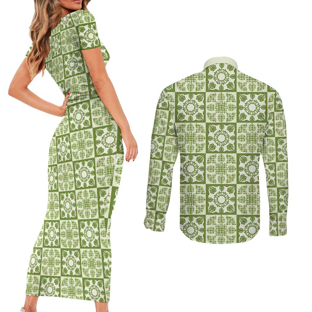 Omaomao Palaka Quilt Hawaii Couples Matching Short Sleeve Bodycon Dress and Long Sleeve Button Shirt Hawaiian Tropical Monstera Sea Turtle LT14 - Polynesian Pride