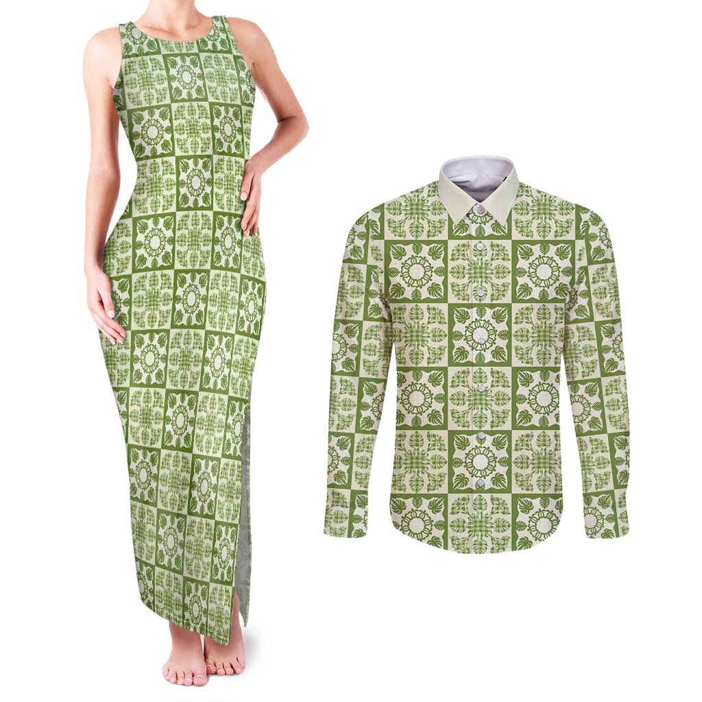 Omaomao Palaka Quilt Hawaii Couples Matching Tank Maxi Dress and Long Sleeve Button Shirt Hawaiian Tropical Monstera Sea Turtle