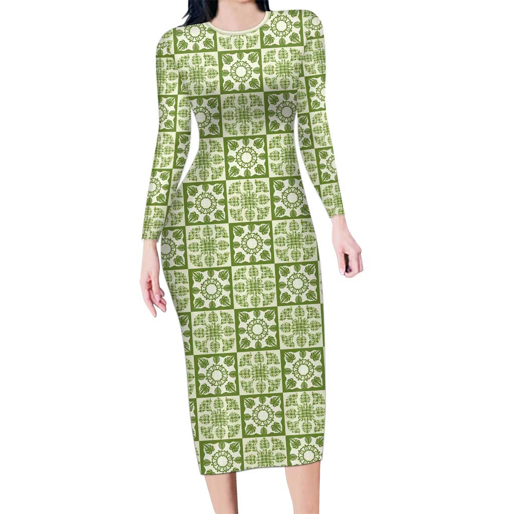Omaomao Palaka Quilt Hawaii Family Matching Long Sleeve Bodycon Dress and Hawaiian Shirt Hawaiian Tropical Monstera Sea Turtle LT14 Mom's Dress Green - Polynesian Pride