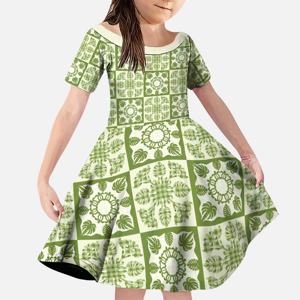 Omaomao Palaka Quilt Hawaii Family Matching Mermaid Dress and Hawaiian Shirt Hawaiian Tropical Monstera Sea Turtle LT14 Daughter's Dress Green - Polynesian Pride